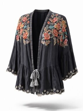 Johnny Was Beautiful Embroidered Floral Open Kimono Jacket sz L